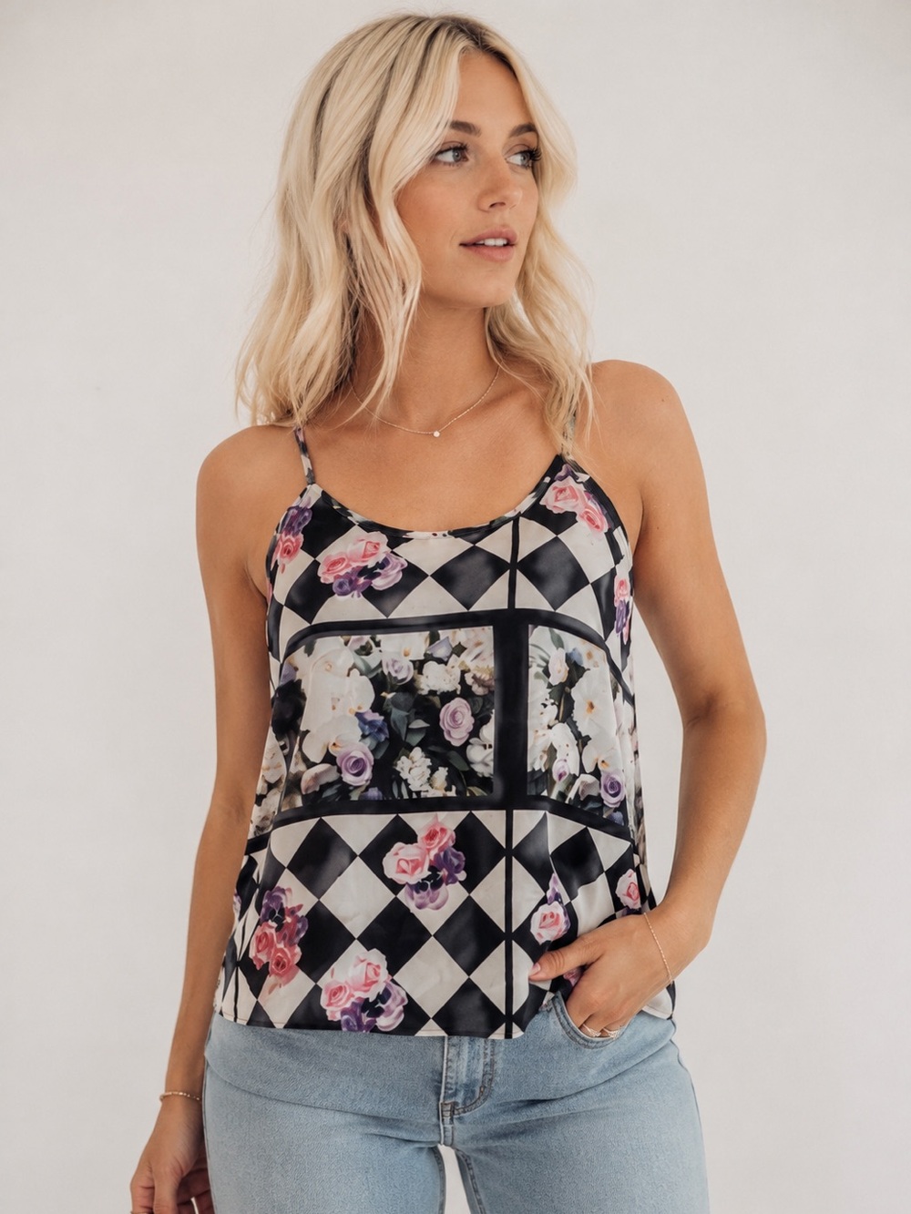 Topshop Floral Checker Sheer Tank Top